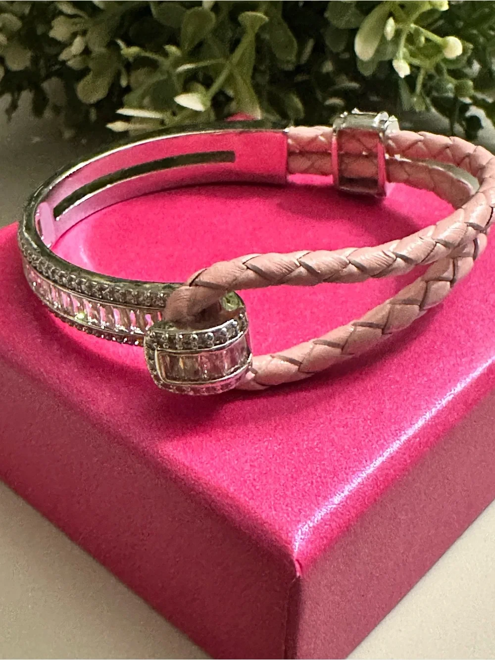Braided Pink Leather Bracelet with Silver Bar Accent